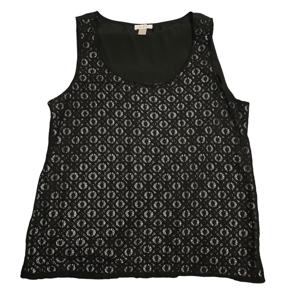 LOFT‎ Black Floral Eyelet Lace Front Sleeveless Shell Top Mixed Media XL Office
